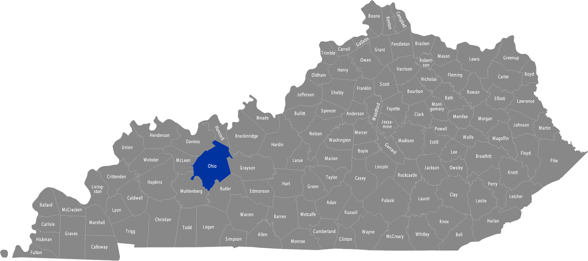 State of Kentucky map with Ohio County highlighted